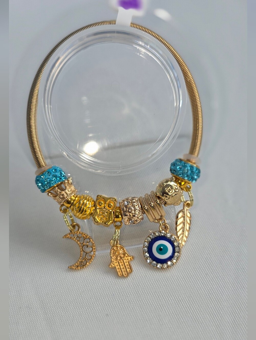 Handmade Gold Charm Bracelet with Blue Evil Eye and Turquoise Beads